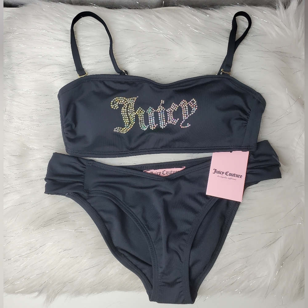 JUICY COUTURE black Rhinestone Bandeau Bikini Set - Picture 2 of 6